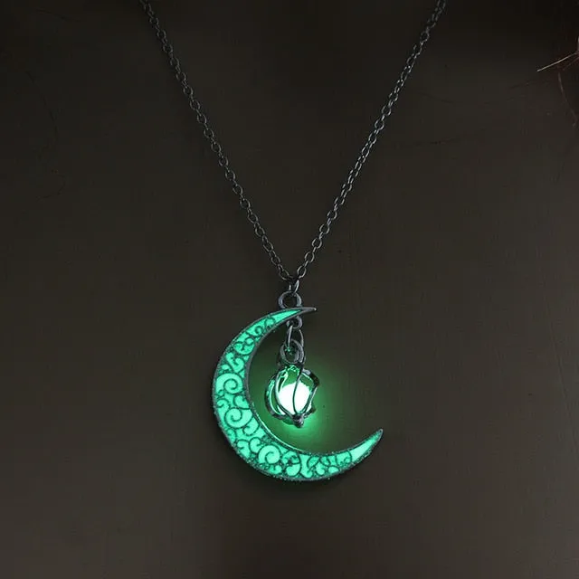 2019 Moon Glowing Necklace Gem Charm Jewelry Silver Plated Women Halloween Pendant Hollow Luminous Stone Pendant Necklace Gifts