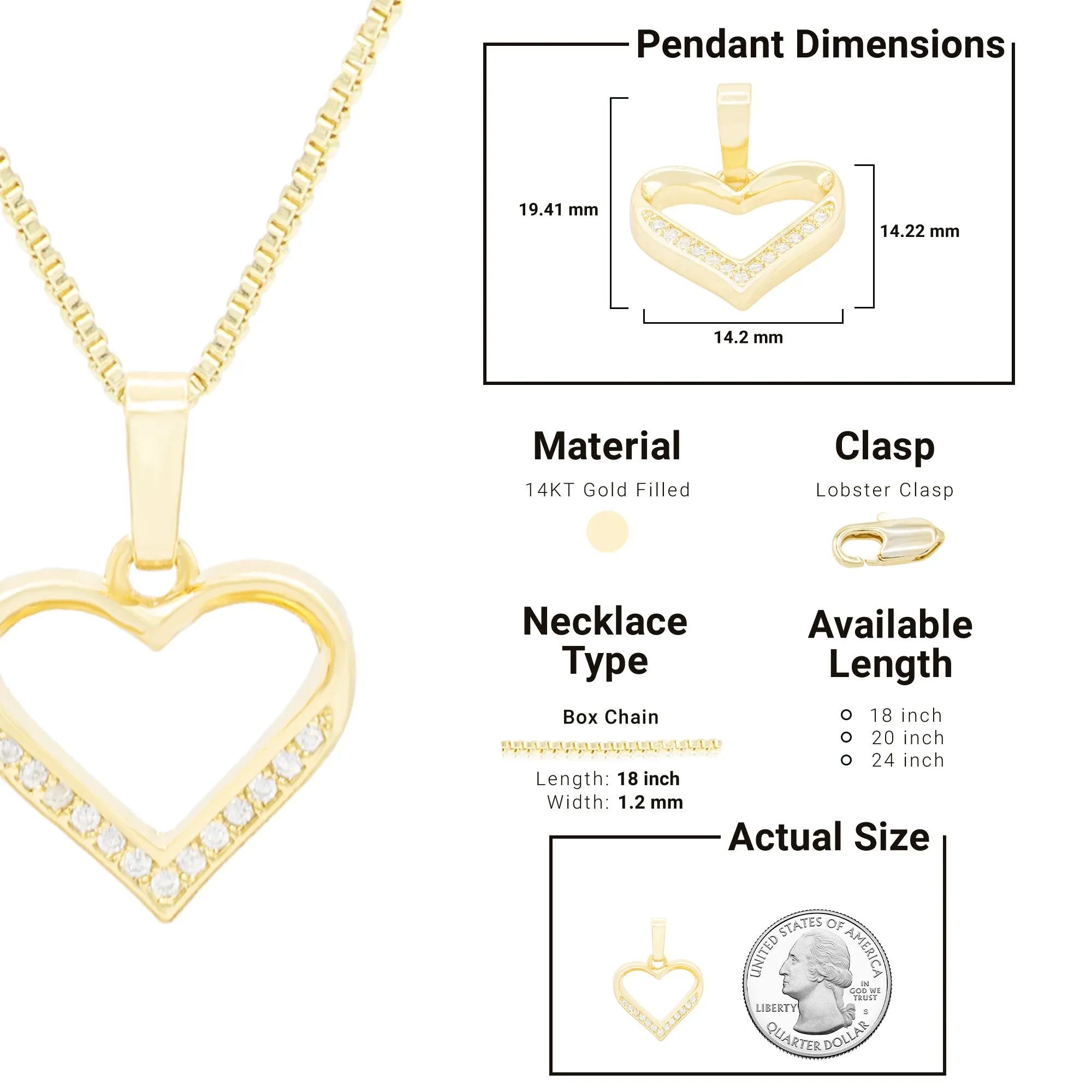 Cubic Zirconia 14K Gold Filled Delicate Heart Pendant Necklace Set