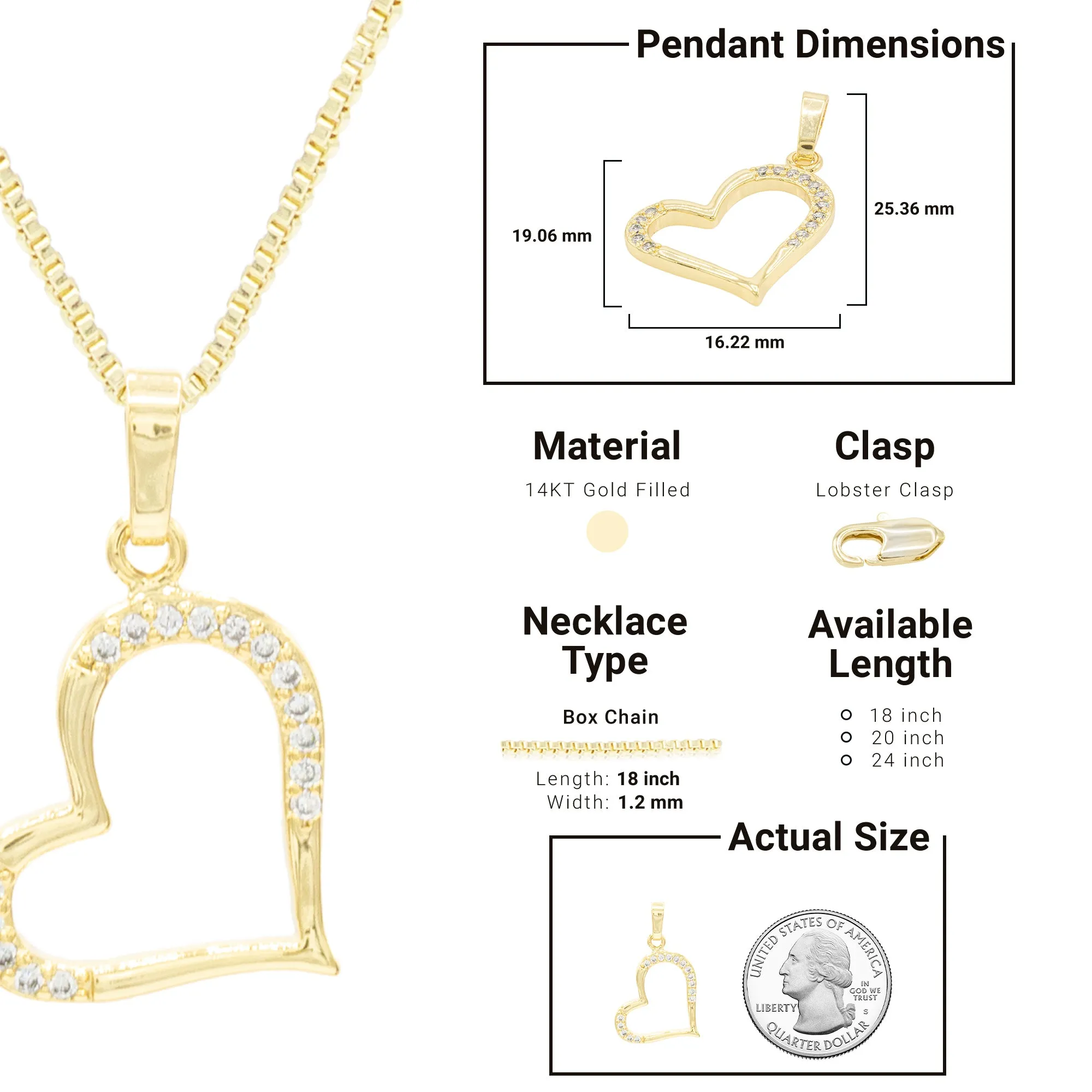 Cubic Zirconia 14K Gold Filled Heart Subtle Pendant Necklace Set