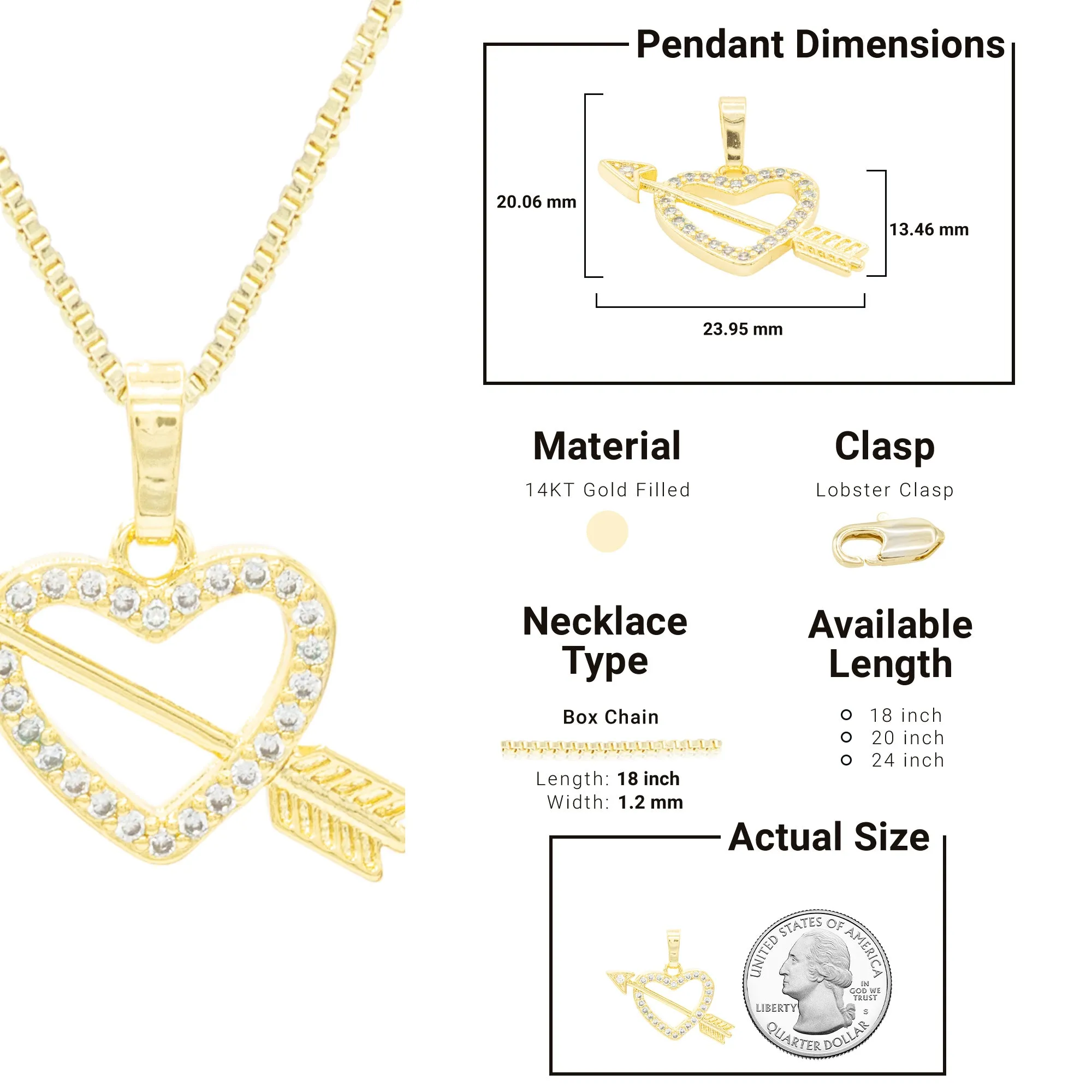 Cubic Zirconia 14K Gold Filled Heart With Arrow Pendant Necklace Set