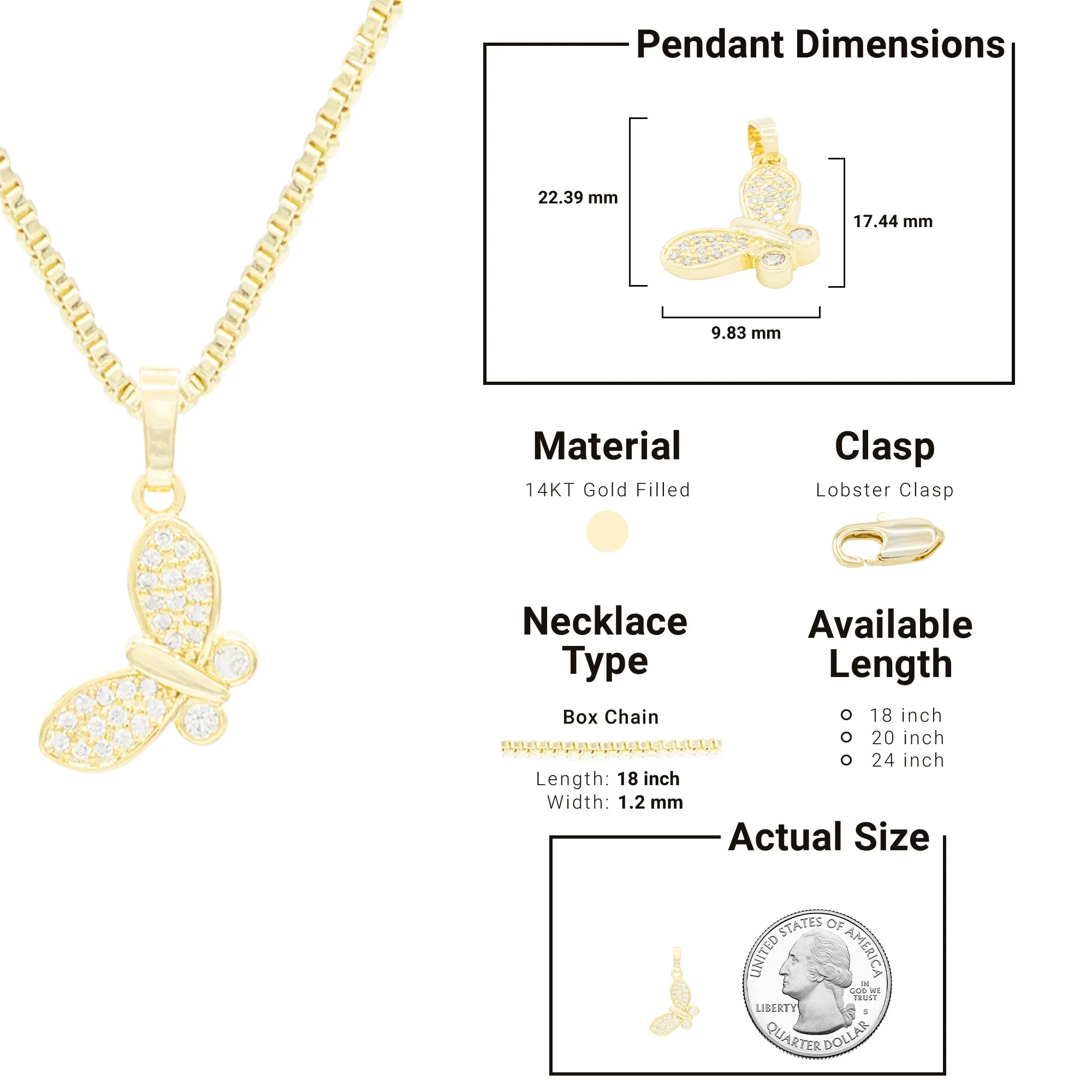 Flying Butterfly 1 Cubic Zirconia Pendant With 14K Gold Filled Necklace Set