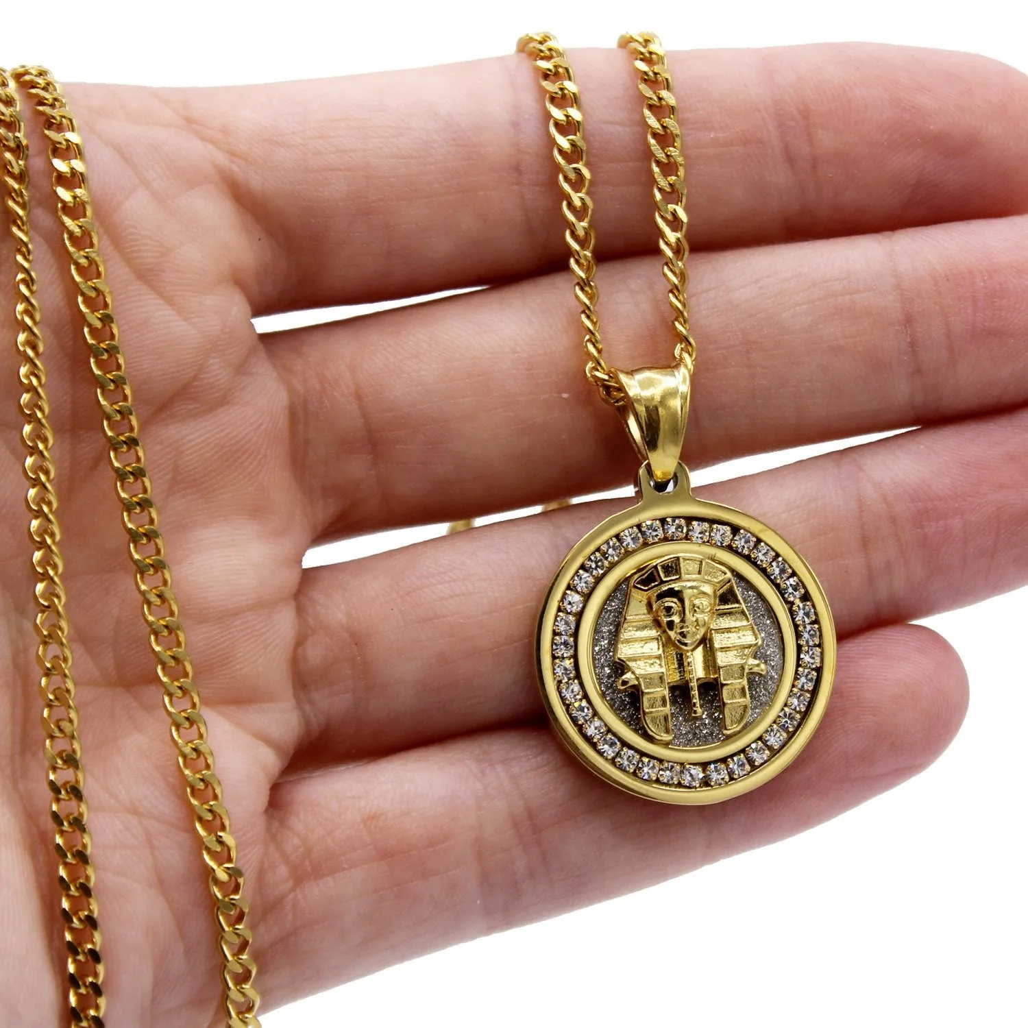 Pharoah Circle Charm Cubic Zirconia Necklace Stainless Steel Bling CZ