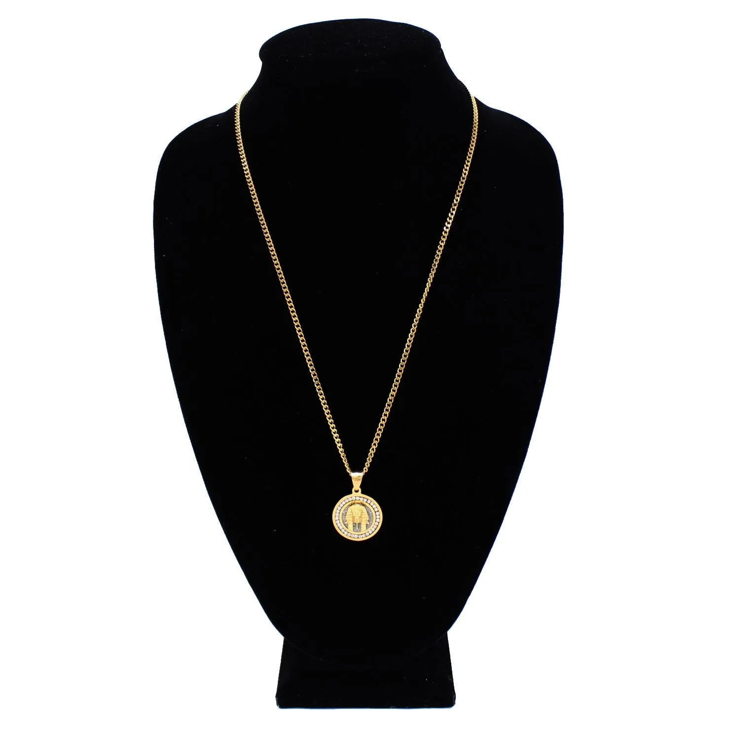 Pharoah Circle Charm Cubic Zirconia Necklace Stainless Steel Bling CZ