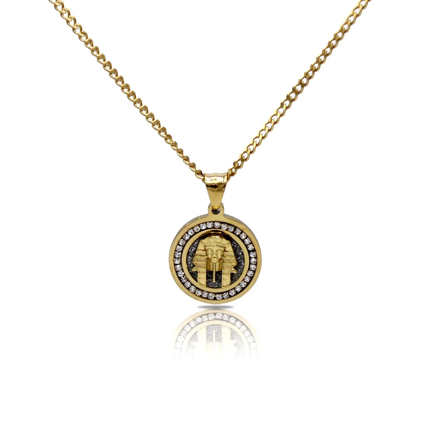 Pharoah Circle Charm Cubic Zirconia Necklace Stainless Steel Bling CZ