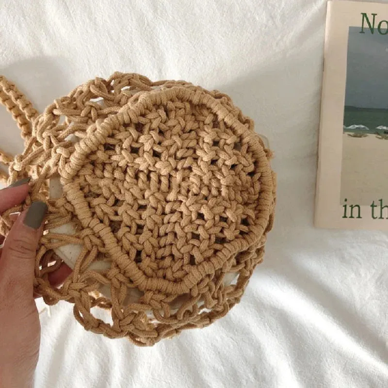 Sohiwoo Ladies Vintage Bohemian Macrame Bucket Purse Women Small Hollow Out Handbag Natural Cotton Rope Crochet Clutch Bag