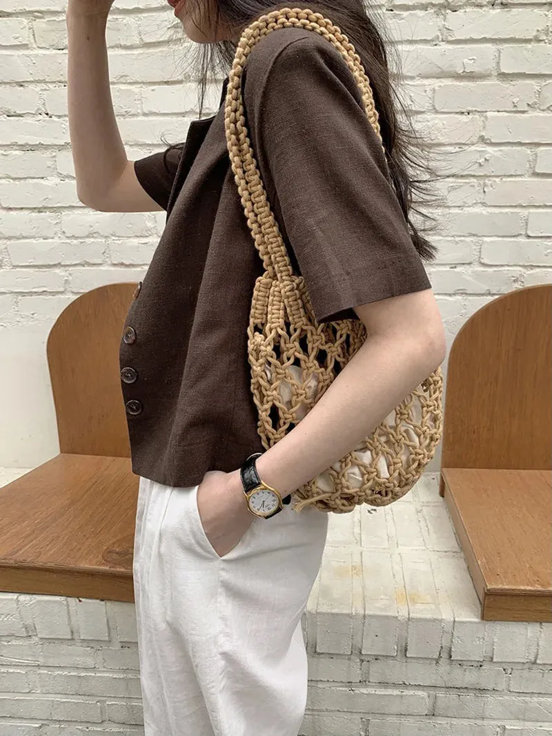 Sohiwoo Ladies Vintage Bohemian Macrame Bucket Purse Women Small Hollow Out Handbag Natural Cotton Rope Crochet Clutch Bag