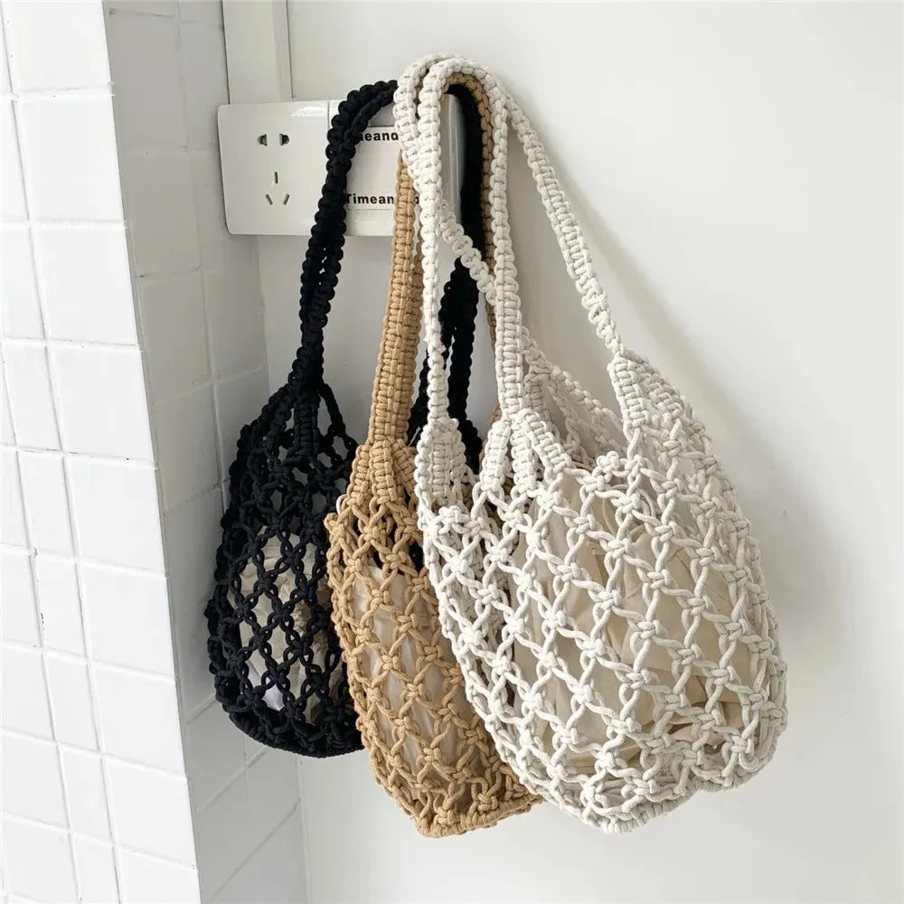 Sohiwoo Ladies Vintage Bohemian Macrame Bucket Purse Women Small Hollow Out Handbag Natural Cotton Rope Crochet Clutch Bag