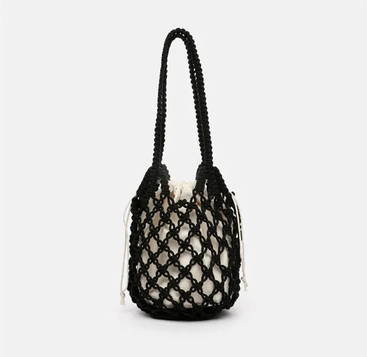 Sohiwoo Ladies Vintage Bohemian Macrame Bucket Purse Women Small Hollow Out Handbag Natural Cotton Rope Crochet Clutch Bag