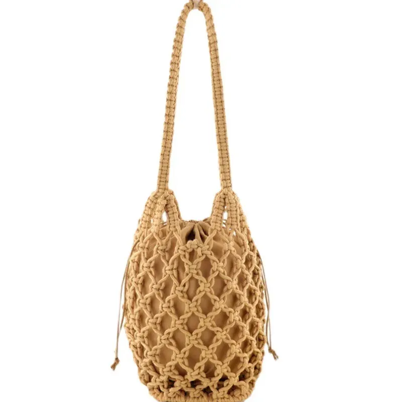 Sohiwoo Ladies Vintage Bohemian Macrame Bucket Purse Women Small Hollow Out Handbag Natural Cotton Rope Crochet Clutch Bag